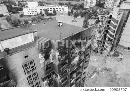 Borodyanka, Ukraine - a destroyed building during the war, black and white photo 90908707
