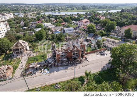 War-torn building in the city of Makariv, Ukraine War-torn building in the city of Makariv, Ukraine 90909390