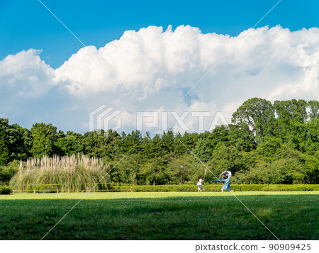 初夏的清新景色:清新的綠、藍天、白雲下,父母和孩子快樂地奔跑 初夏的清新景色:清新的綠、藍天、白雲下,父母和孩子快樂地奔跑 90909425