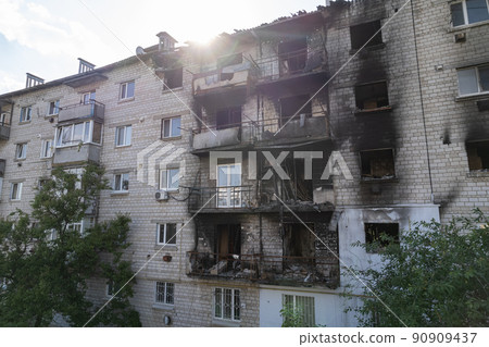 War-torn building in the city of Makariv, Ukraine War-torn building in the city of Makariv, Ukraine 90909437