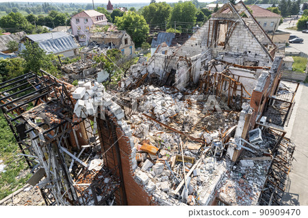 War-torn building in the city of Makariv, Ukraine War-torn building in the city of Makariv, Ukraine 90909470