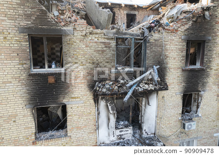 War-torn building in the city of Makariv, Ukraine War-torn building in the city of Makariv, Ukraine 90909478