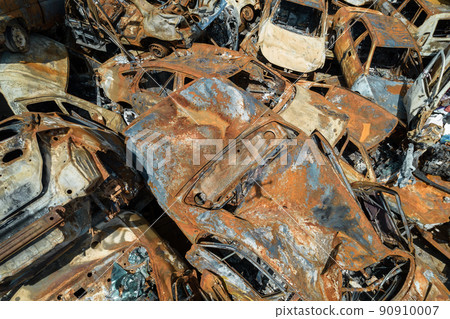 War-destroyed cars in Irpin, Bucha district, Ukraine War-destroyed cars in Irpin, Bucha district, Ukraine 90910007