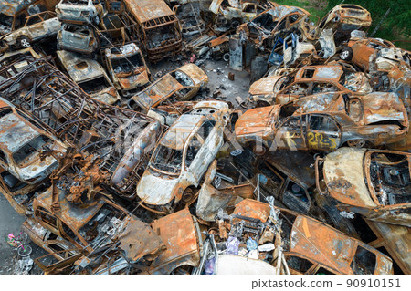 War in Ukraine: a dump of shot and burned cars in Irpin, Bucha district War in Ukraine: a dump of shot and burned cars in Irpin, Bucha district 90910151