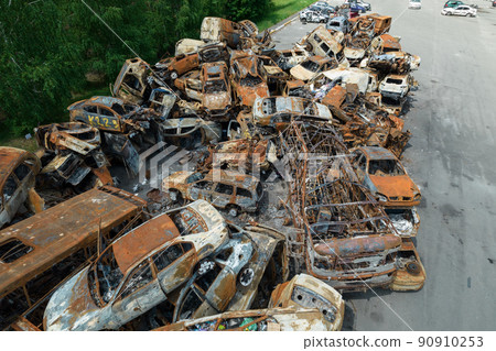 War in Ukraine: a dump of shot and burned cars in Irpin, Bucha district War in Ukraine: a dump of shot and burned cars in Irpin, Bucha district 90910253