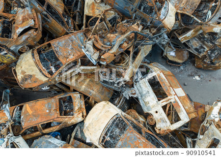 War in Ukraine: a dump of shot and burned cars in Irpin, Bucha district War in Ukraine: a dump of shot and burned cars in Irpin, Bucha district 90910541