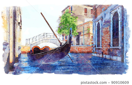 Empty gondola on Venice water canal in watercolor 90910609