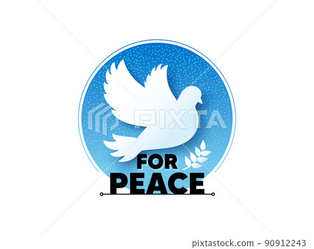For peace icon with pigeon. International peace day sign. No war, world freedom emblem. Peaceful life, international friendship. Life without hostilities and violence. Dove bird flying. Vector 90912243