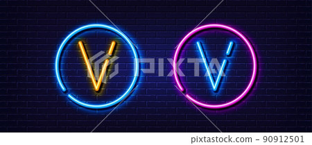 Initial letter V icon. Neon light line effect. Line typography character sign. Large first font letter. Glowing neon light element. Letter V glow 3d line. Brick wall banner. Vector Initial letter V icon. Neon light line effect. Line typography character sign. Large first font letter. Glowing neon light element. Letter V glow 3d line. Brick wall banner. Vector 90912501