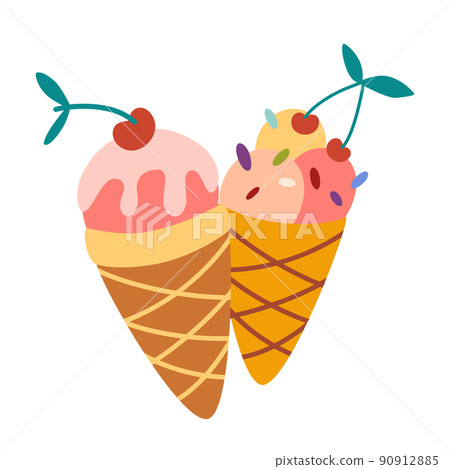 Ice cream. Summer sweet dessert. Delicious ice cream in a cherry cone. Perfect for restaurant menus and printing. Hand drawn vector illustration isolated on white background Ice cream. Summer sweet dessert. Delicious ice cream in a cherry cone. Perfect for restaurant menus and printing. Hand drawn vector illustration isolated on white background 90912885