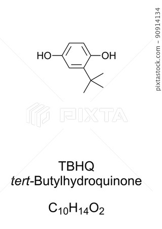TBHQ, tert-Butylhydroquinone, chemical formula and structure. Also tertiary butylhydroquinone, a synthetic organic compound. E319, used as preservative for unsaturated vegetable oils and animal fats. TBHQ, tert-Butylhydroquinone, chemical formula and structure. Also tertiary butylhydroquinone, a synthetic organic compound. E319, used as preservative for unsaturated vegetable oils and animal fats. 90914134