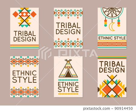 Native tribal posters. Brochure or presentation with ethnic patterns. Flyer or header banners with national print. Indian dream catcher and teepee. Vector indigenous style cards set 90914450