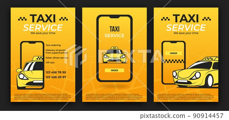 Taxi poster. Car race service flyer or sport banner layout. Delivery ad promotion. Order automobile app. Cab drive brochures set. Smartphone application. Vector design yellow template 90914457