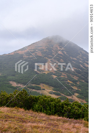 The top of the mountain in the fog, and the foot of the mountain illuminates the sun, the weather in the mountains. The top of the mountain in the fog, and the foot of the mountain illuminates the sun, the weather in the mountains. 90914653