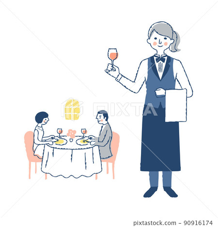 夫婦在餐廳與侍酒師一起用餐 90916174