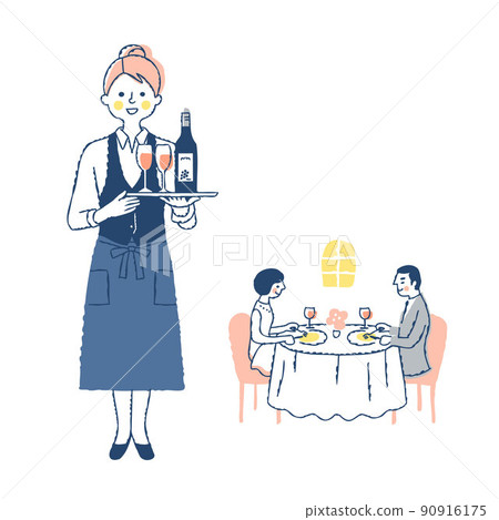 夫婦在餐廳與侍酒師一起用餐 90916175