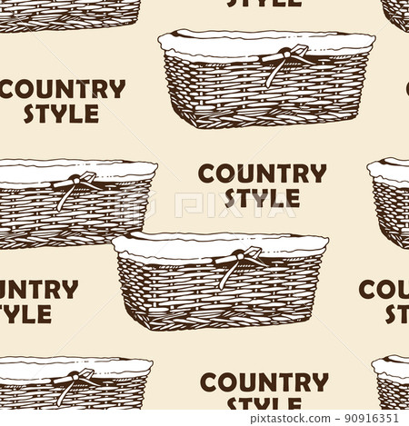 Wicker basket sketch vector seamless pattern, hand drawn square basket 90916351