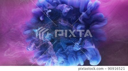 Ink water drop. Color mist flow. Logo reveal effect. Blue pink fume mix motion on purple abstract art background shot on Red Cinema camera 6k. 90916521