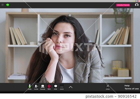 Online education. Boring woman. Screen mockup. Careless lady sitting desk enhancing chin on hand having webinar in light room interior. Online education. Boring woman. Screen mockup. Careless lady sitting desk enhancing chin on hand having webinar in light room interior. 90916542