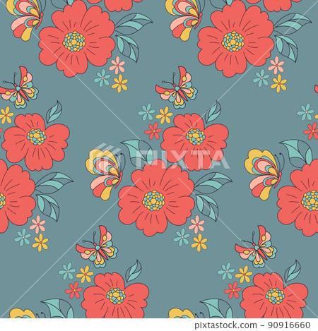 Retro 70s 60s Floral Hippie Summer Groovy Butterfly Flower Power Flower Child vector seamless pattern. Retro colours butterflies among flowers. Retro 70s 60s Floral Hippie Summer Groovy Butterfly Flower Power Flower Child vector seamless pattern. Retro colours butterflies among flowers. 90916660