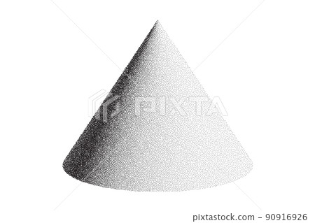 Dotwork 3d cone background. Sand grain effect shape. Black noise stipple dots. Abstract noise dotwork pyramid. Black dots grunge round elements. Stipple circles. Dotted 3d cone. Vector 90916926