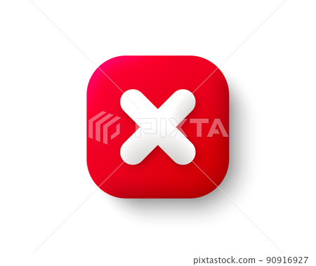 Cancel red 3d icon. Delete sign, close symbol, wrong and reject button. No or deny icon isolated white background. Cancel mobile app 3d button. Reject checkbox element. Vector 90916927