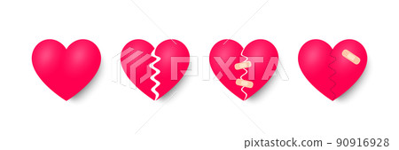 Broken hearts set of 3d realistic icons. Heartbreak with bandage. Pain, broken love heart or divorce icons. Heal relationship, loneliness hurts and healthy love. Red heart with plaster. Vector 90916928