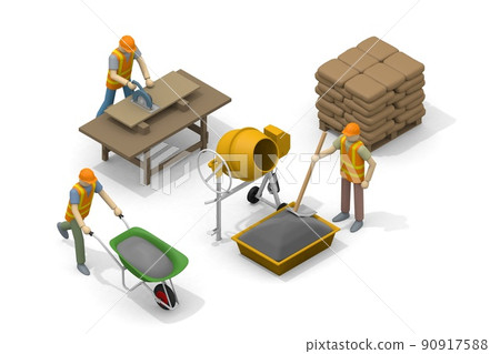 Build a house. People working at the construction site. Building materials. Cut the wood with a saw. Stack blocks. 90917588