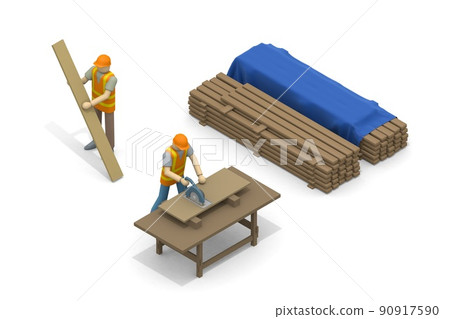 造房子。在建築工地工作的人。建築材料。用鋸子切割木頭。堆疊塊。 造房子。在建築工地工作的人。建築材料。用鋸子切割木頭。堆疊塊。 90917590