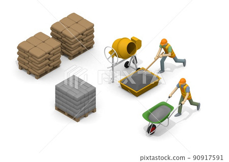 造房子。在建築工地工作的人。建築材料。用鋸子切割木頭。堆疊塊。 造房子。在建築工地工作的人。建築材料。用鋸子切割木頭。堆疊塊。 90917591