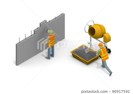 造房子。在建築工地工作的人。建築材料。用鋸子切割木頭。堆疊塊。 造房子。在建築工地工作的人。建築材料。用鋸子切割木頭。堆疊塊。 90917592