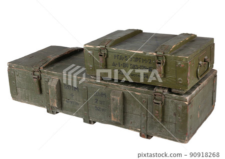 Army ammunition stack of green crates. Text in russian - type of ammunition, projectile caliber, projectile type, number of pieces and weight. Army ammunition stack of green crates. Text in russian - type of ammunition, projectile caliber, projectile type, number of pieces and weight. 90918268