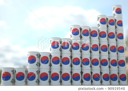 Many barrels with flag of South Korea form rising chart or upwards trend. National oil industry success concept. 3D rendering Many barrels with flag of South Korea form rising chart or upwards trend. National oil industry success concept. 3D rendering 90919548