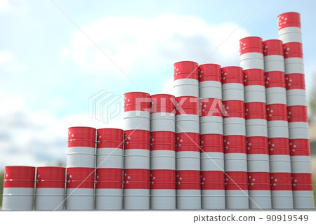 Stacks of steel drums with flag of Singapore form increasing chart or upwards trend. Petroleum industry success concept, 3D rendering Stacks of steel drums with flag of Singapore form increasing chart or upwards trend. Petroleum industry success concept, 3D rendering 90919549