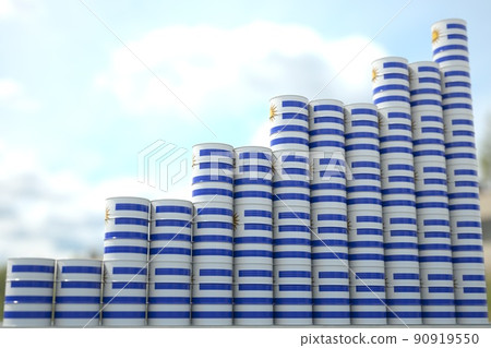 Stacks of steel drums with flag of Uruguay form increasing chart or upwards trend. Petroleum industry success concept, 3D rendering Stacks of steel drums with flag of Uruguay form increasing chart or upwards trend. Petroleum industry success concept, 3D rendering 90919550