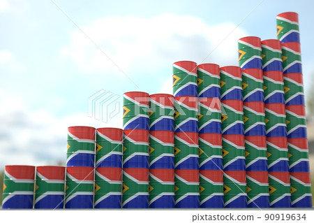 Steel oil drums with flag of South Africa form increasing chart or upwards trend. Petrochemical industry growth concept, 3D rendering 90919634
