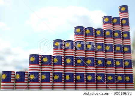 Many barrels with flag of Malaysia form rising chart or upwards trend. National oil industry success concept. 3D rendering 90919683