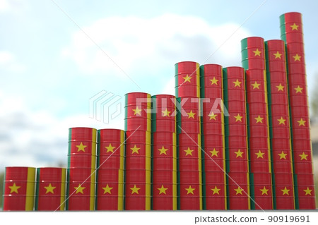 Barrels with flag of Cameroon form rising chart or upwards trend. Oil industry success concept, 3D rendering 90919691