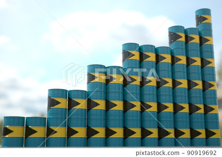 Steel oil drums with flag of Bahamas form increasing chart or upwards trend. Petrochemical industry growth concept, 3D rendering Steel oil drums with flag of Bahamas form increasing chart or upwards trend. Petrochemical industry growth concept, 3D rendering 90919692