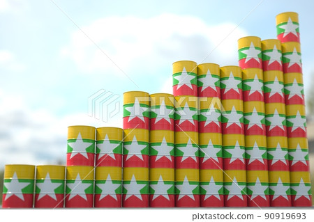Many barrels with flag of Myanmar form rising chart or upwards trend. National oil industry success concept. 3D rendering 90919693