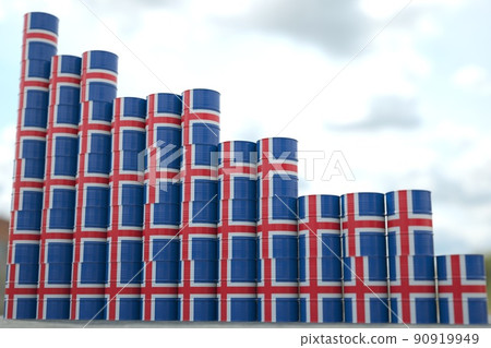 Oil barrels with flag of Iceland form downward trend. Petroleum industry problems concept, 3D rendering Oil barrels with flag of Iceland form downward trend. Petroleum industry problems concept, 3D rendering 90919949