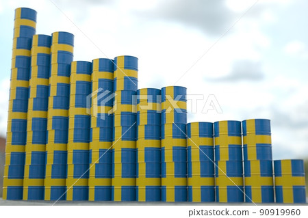 Flag of Sweden on oil barrels forming downward trend. Petrochemical industry crisis or sanctions concept, 3D rendering 90919960
