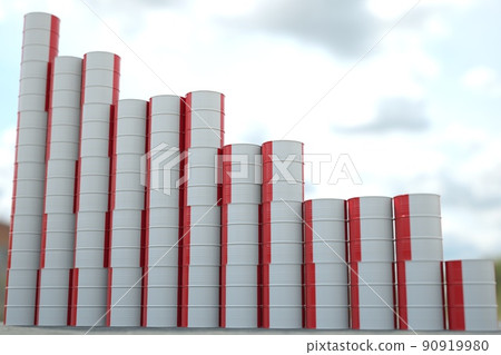 Flag of Peru on oil barrels forming downward trend. Petrochemical industry crisis or sanctions concept, 3D rendering 90919980