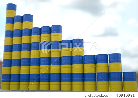 Rows of steel oil barrels with flag of Ukraine form downward trend. Petroleum industry crisis concept, 3D rendering Rows of steel oil barrels with flag of Ukraine form downward trend. Petroleum industry crisis concept, 3D rendering 90919981