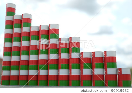 Oil barrels with flag of Oman form downward trend. Petroleum industry problems concept, 3D rendering Oil barrels with flag of Oman form downward trend. Petroleum industry problems concept, 3D rendering 90919982