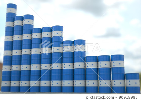 Rows of steel oil barrels with flag of Honduras form downward trend. Petroleum industry crisis concept, 3D rendering Rows of steel oil barrels with flag of Honduras form downward trend. Petroleum industry crisis concept, 3D rendering 90919983