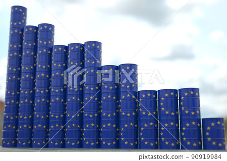 Oil barrels with flag of the European Union form downward trend. Petroleum industry problems concept, 3D rendering Oil barrels with flag of the European Union form downward trend. Petroleum industry problems concept, 3D rendering 90919984