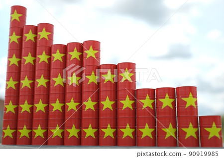 Rows of steel oil barrels with flag of Vietnam form downward trend. Petroleum industry crisis concept, 3D rendering Rows of steel oil barrels with flag of Vietnam form downward trend. Petroleum industry crisis concept, 3D rendering 90919985