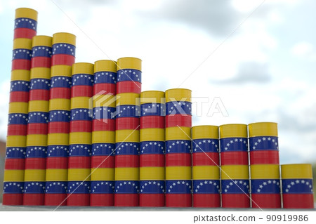 Rows of oil barrels with flag of Venezuela form downward trend. Petroleum industry crisis concept, 3D rendering Rows of oil barrels with flag of Venezuela form downward trend. Petroleum industry crisis concept, 3D rendering 90919986