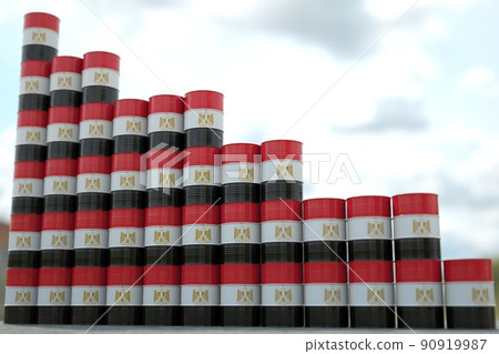Flag of Egypt on oil barrels forming downward trend. Petrochemical industry crisis or sanctions concept, 3D rendering Flag of Egypt on oil barrels forming downward trend. Petrochemical industry crisis or sanctions concept, 3D rendering 90919987
